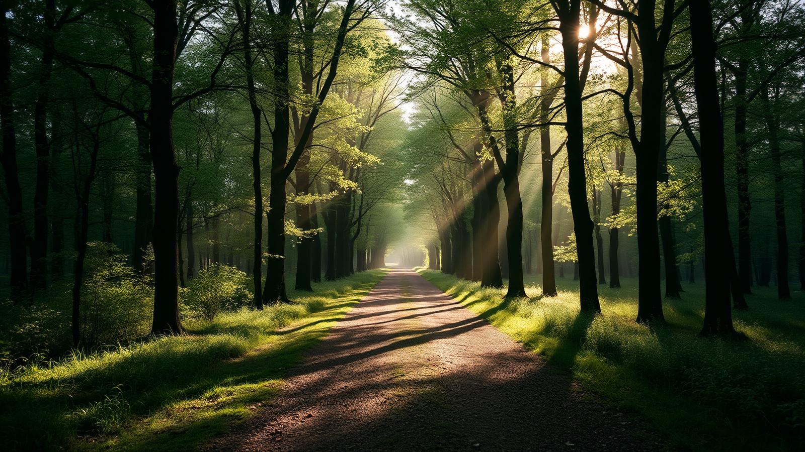 Caminho tranquilo numa floresta com luz suave da manhã